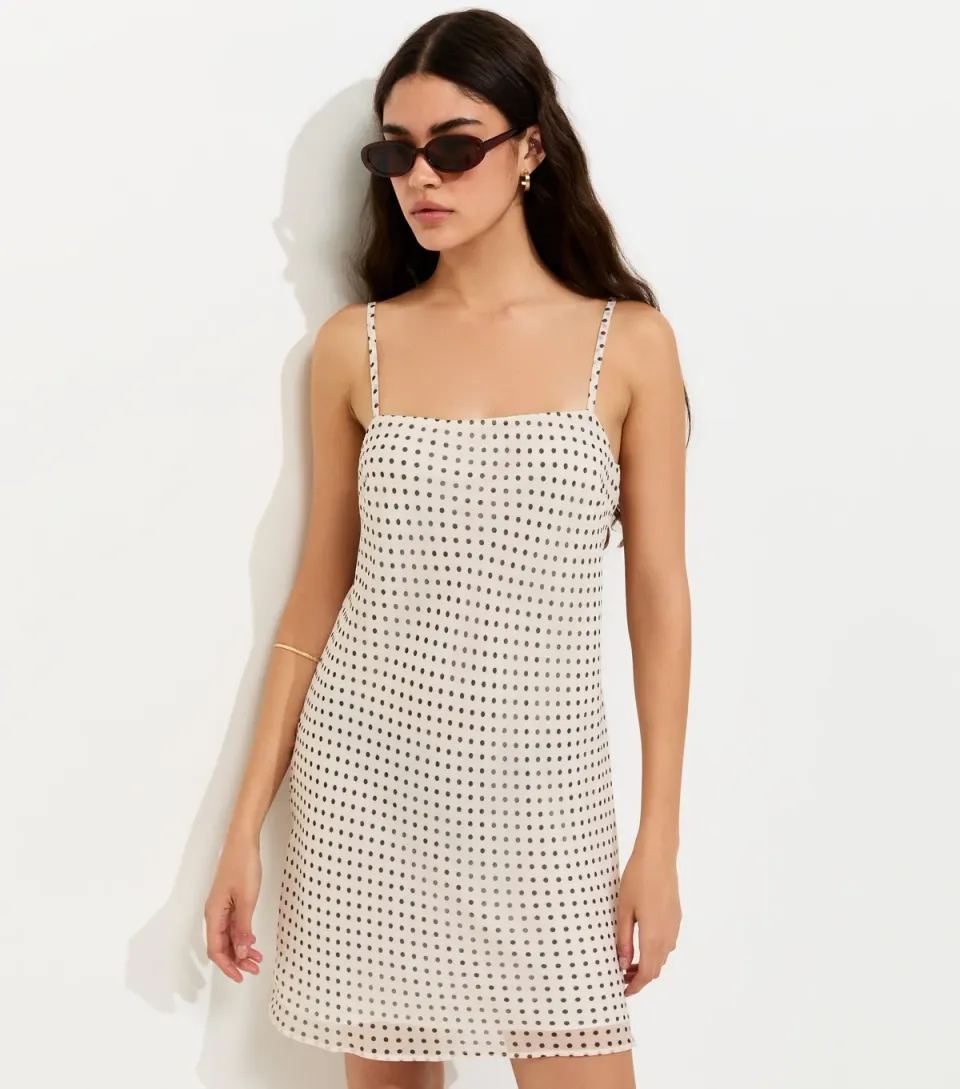 Women's Cream Chiffon Polka Dot Strappy Mini Dress