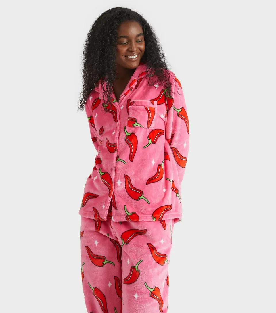 Women's Pink Fleece Chilli Print Shirt and Trousers Pyjama Set