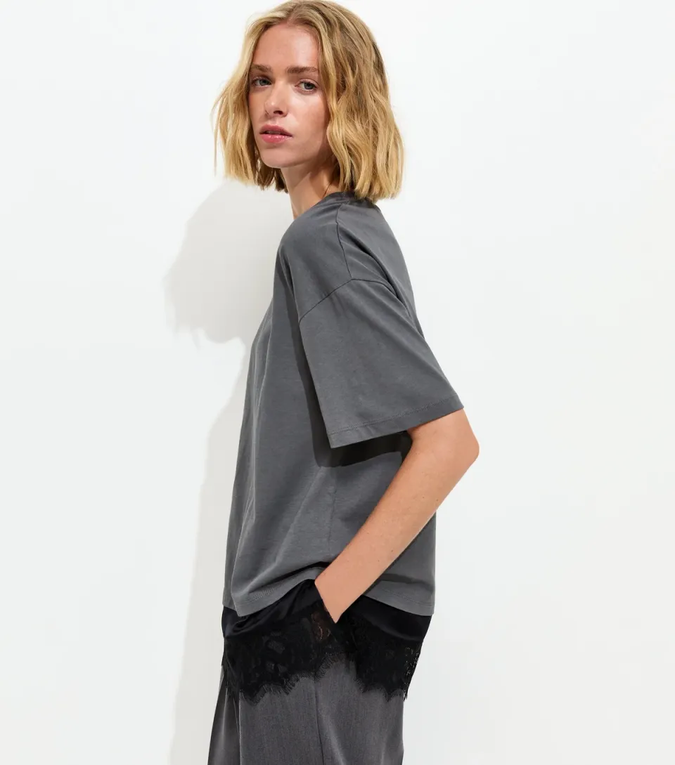 Women's Dark Grey Satin Lace Hem Oversized T-Shirt