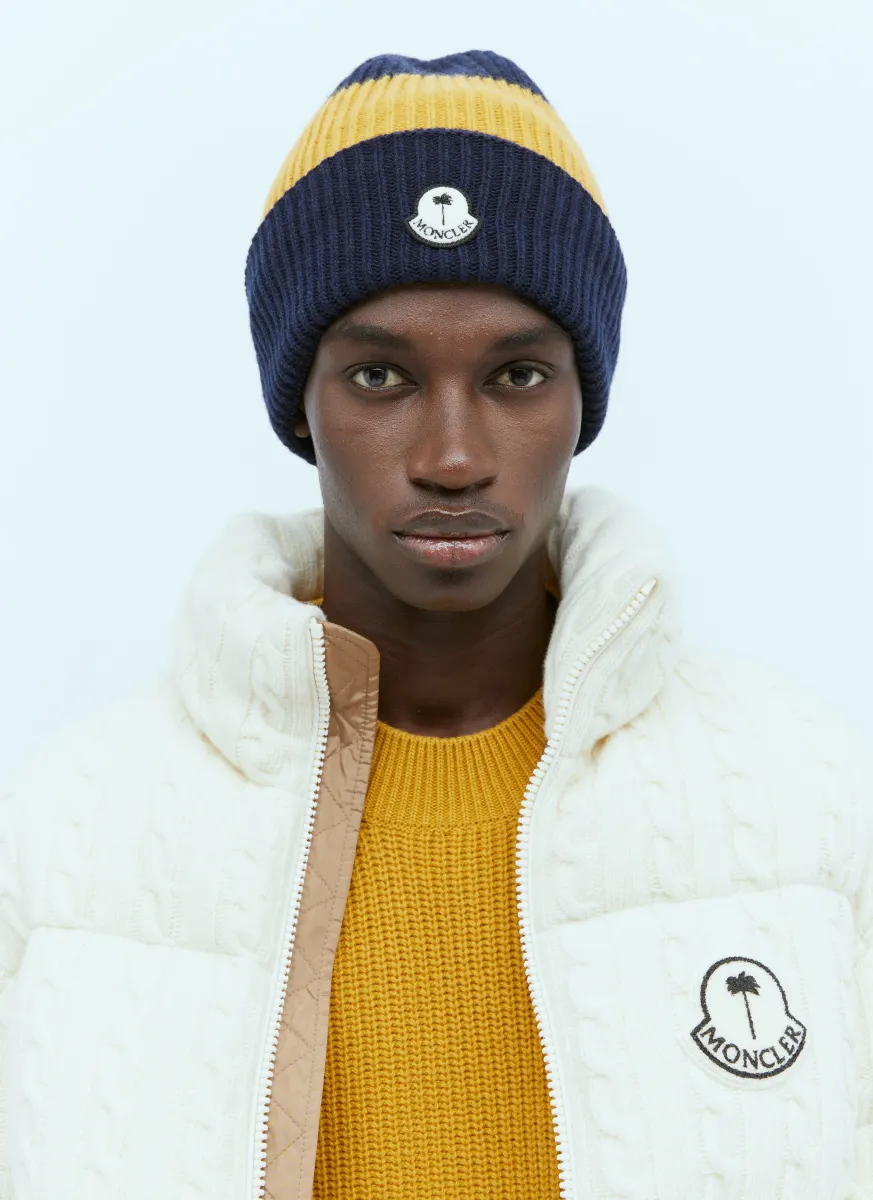 Striped Logo Patch Beanie Hat