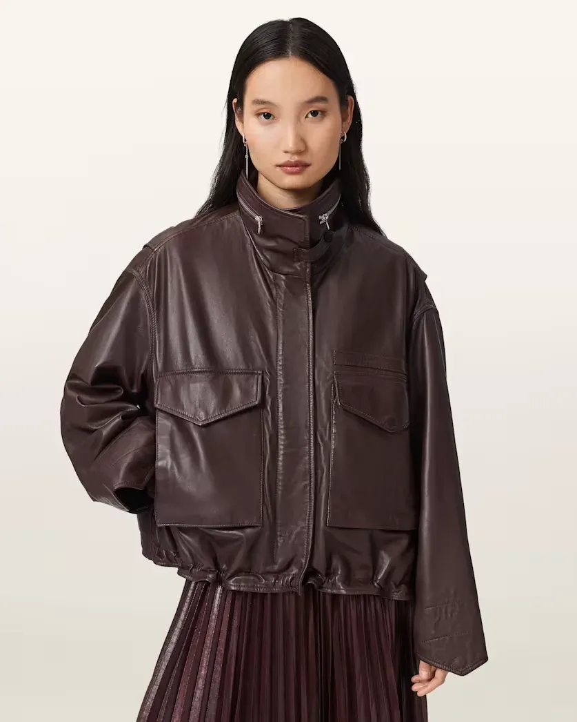 Clay Funnel Neck Oversized Leather Jacket