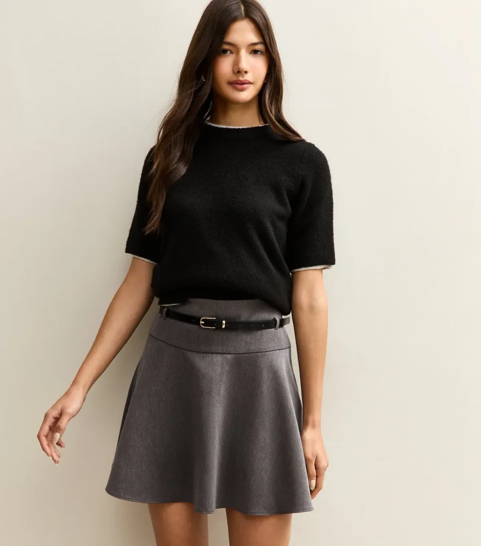 Women's Dark Grey Belted Flippy Mini Skirt