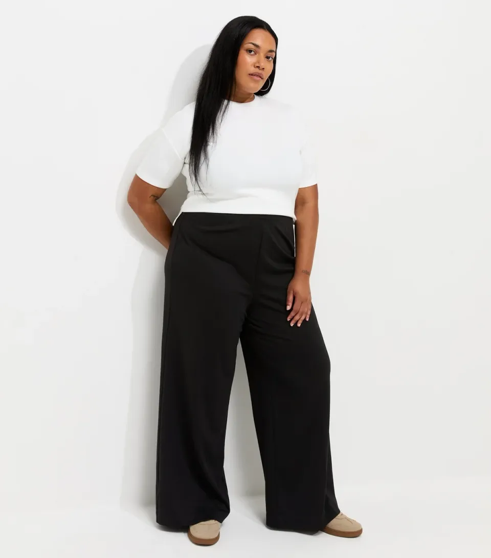 Women's Plus Size Black Jersey Wide Leg Trousers Curves