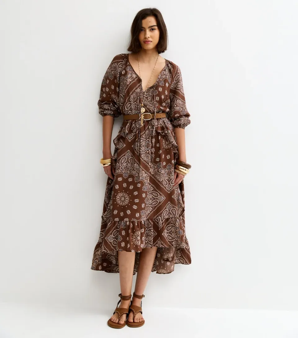 Women's Brown Bandana Print Ruffle Hem Midi Dress