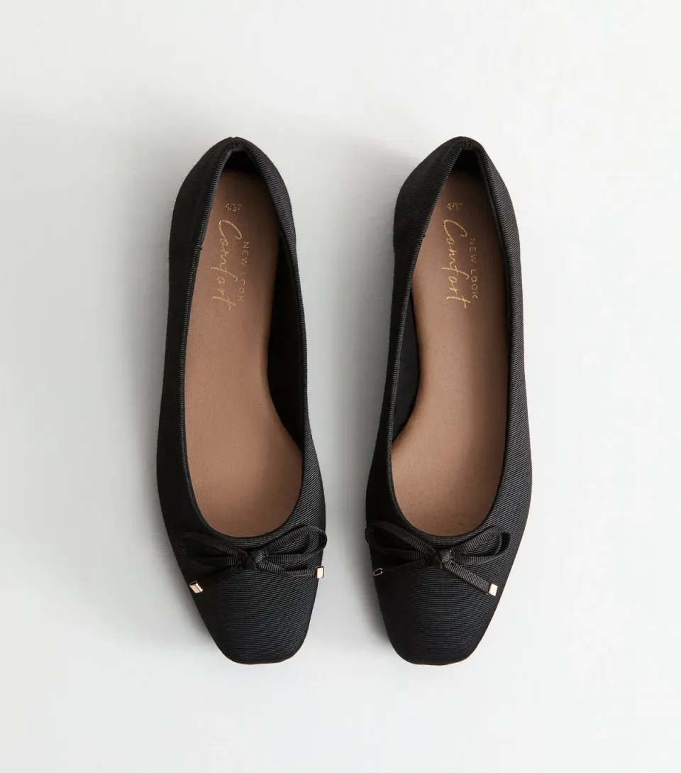 Women's Black Grosgrain Bow Embellished Ballerina Flats