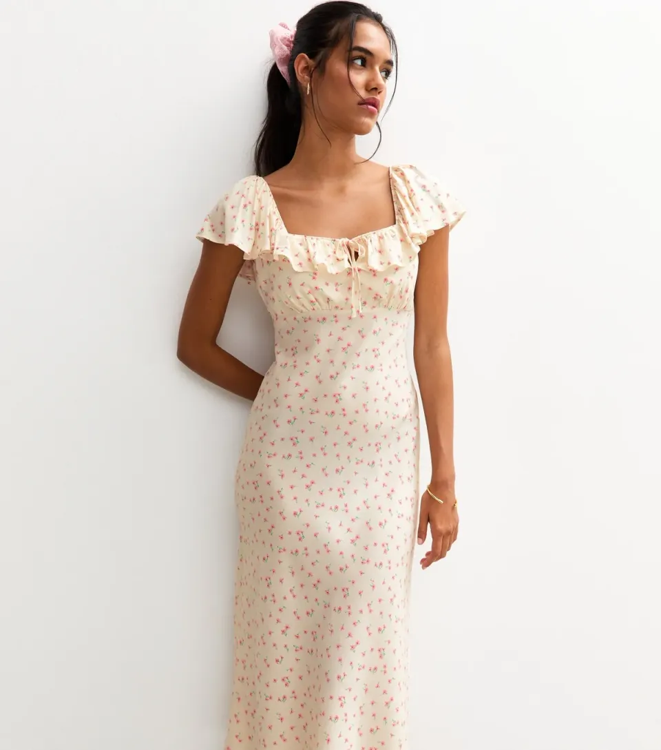 Women's Cream Ditsy Print Square Neck Frill Trim Midi Dress