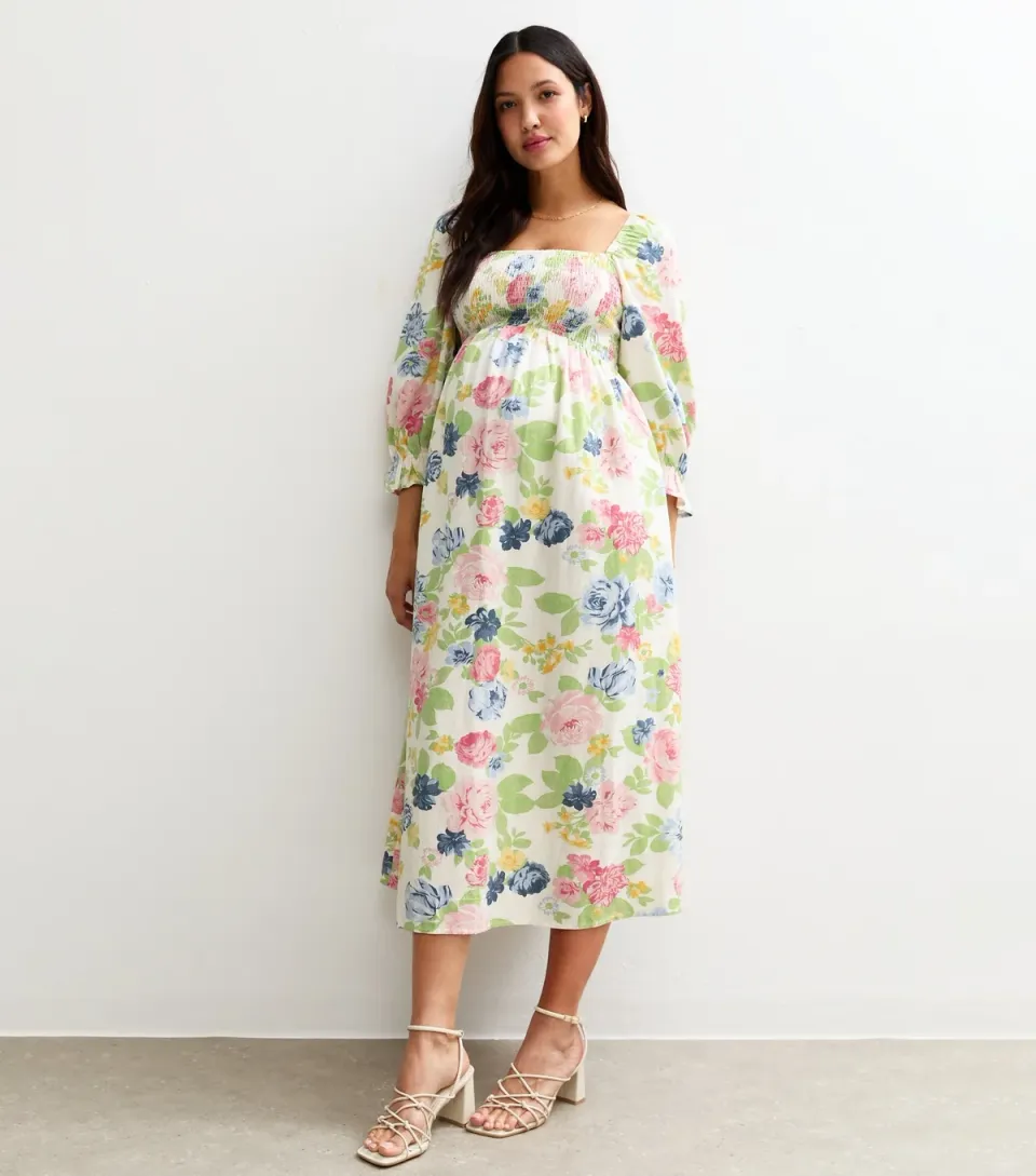 Women's Maternity Cream Floral Print Midi Dress