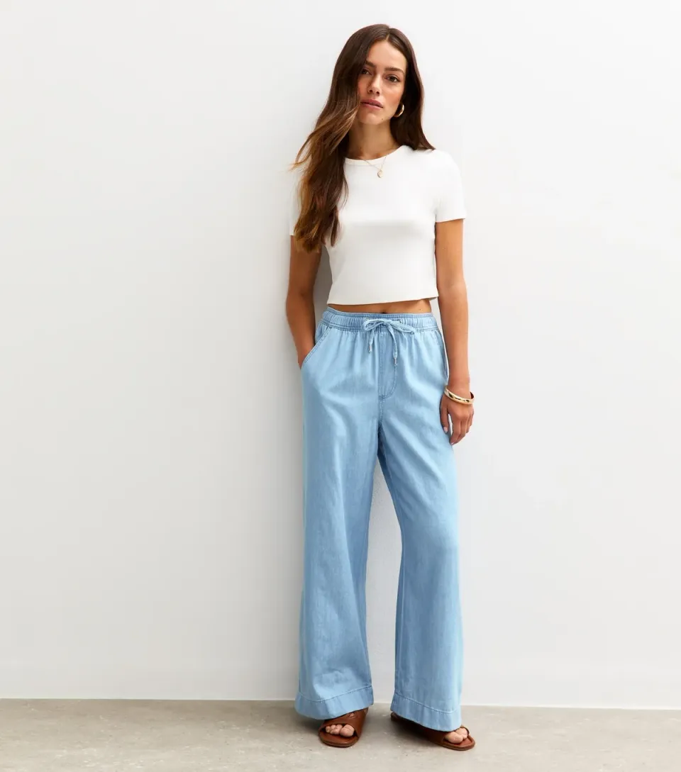 Women's Petite Light Blue Chambray Wide Leg Trousers