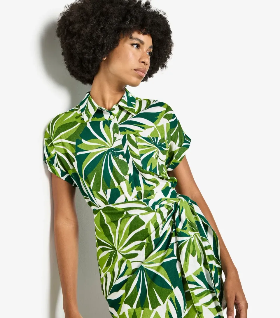Women's Green Tropical Leaf Print Mini Shirt