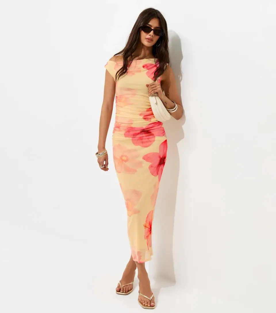 Women's Blue Mesh Blurred Floral Print Off Shoulder Midi Dress