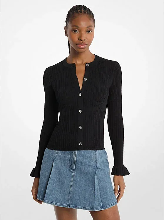 Ruffled Stretch Knit Cardigan