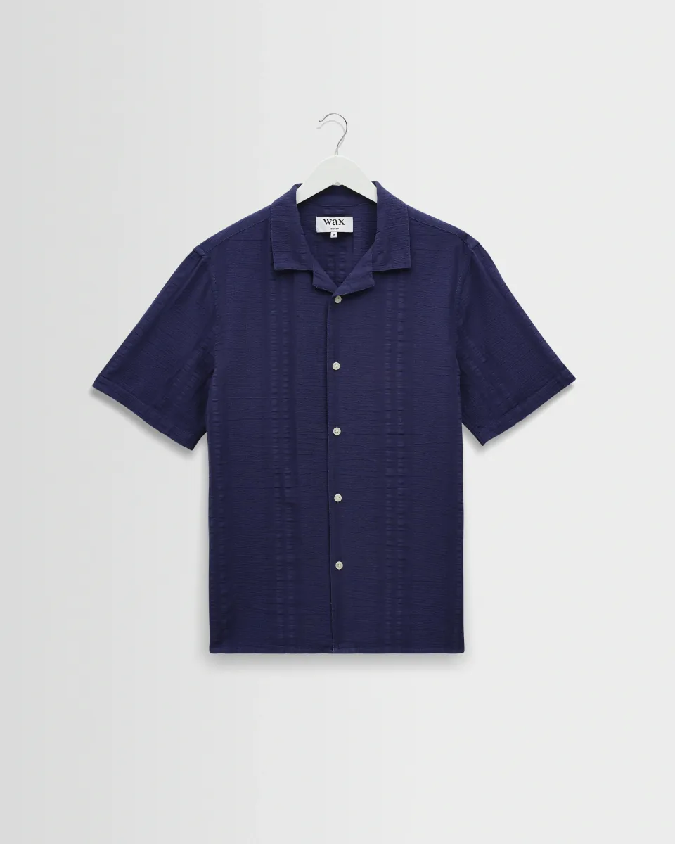 Didcot - Dark Blue Double-Weave Seersucker Short-Sleeve Shirt