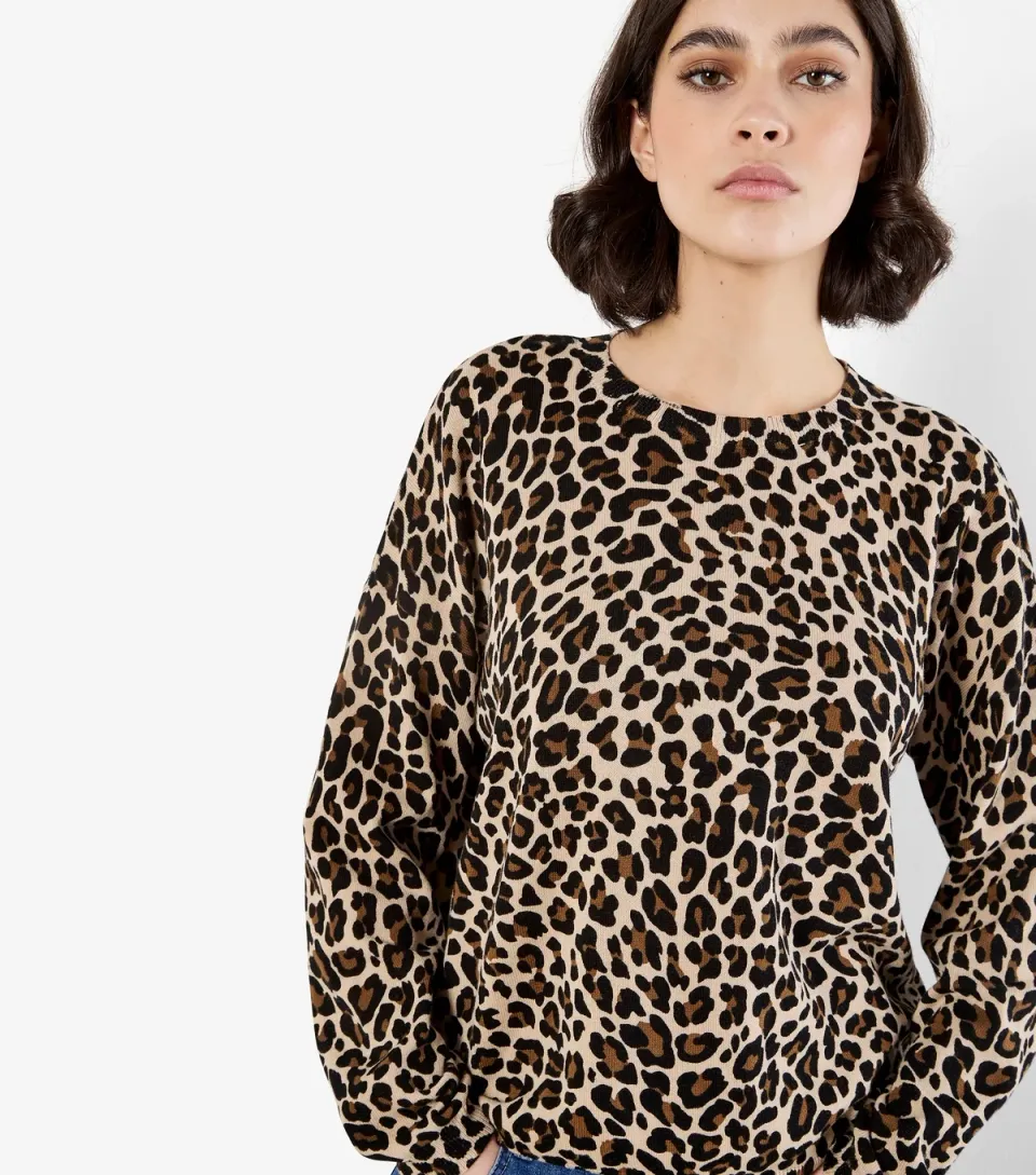 Women's Brown Leopard Print Fine Knit Jumper