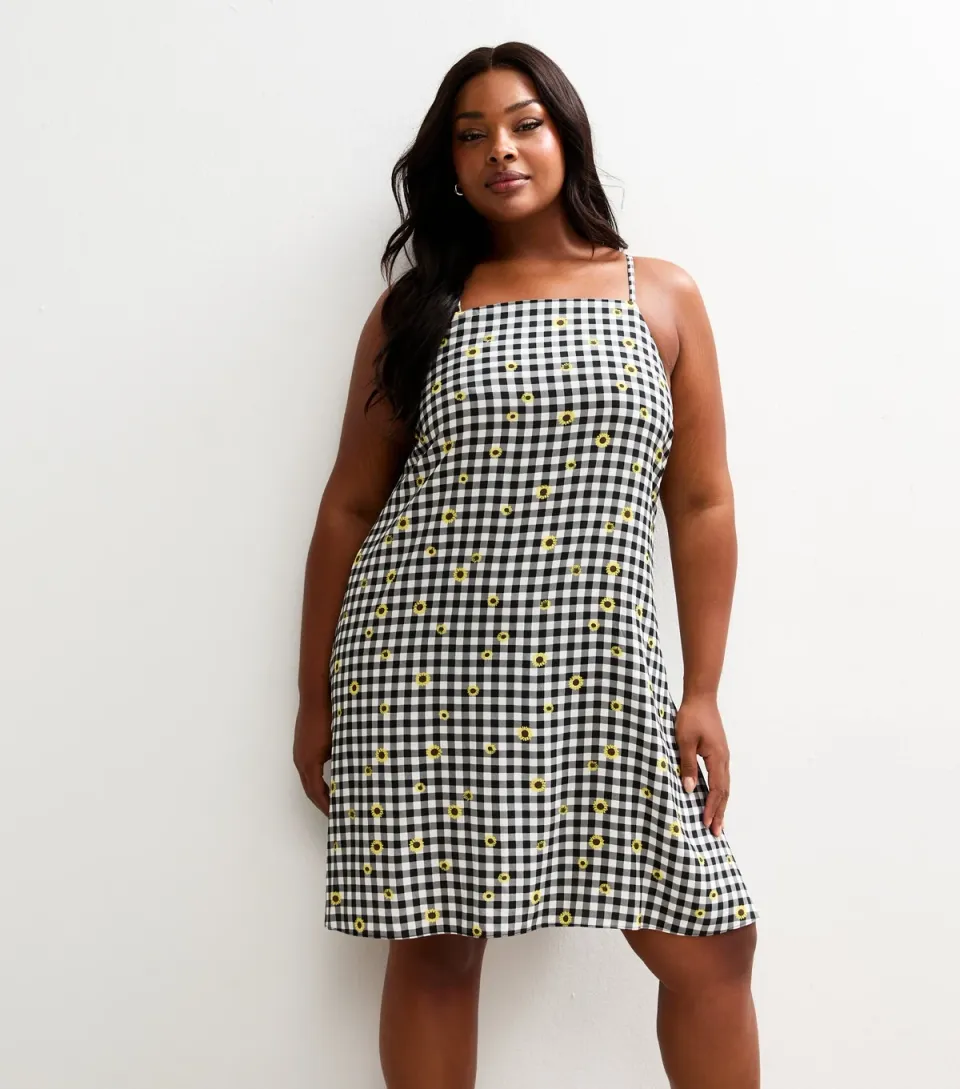 Women's Plus Size Black Gingham Check Floral Print Mini Dress Curves