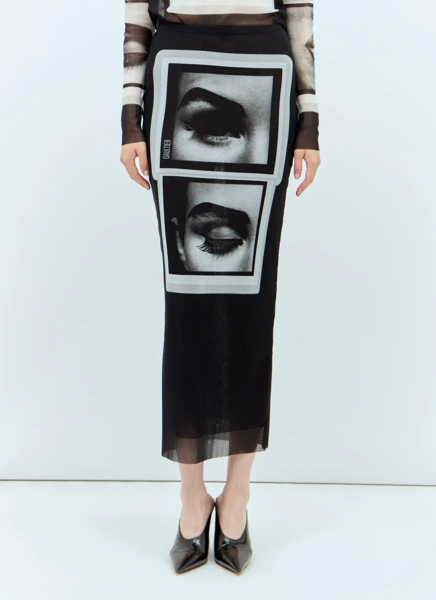Eyes and Lips Mesh Midi Skirt