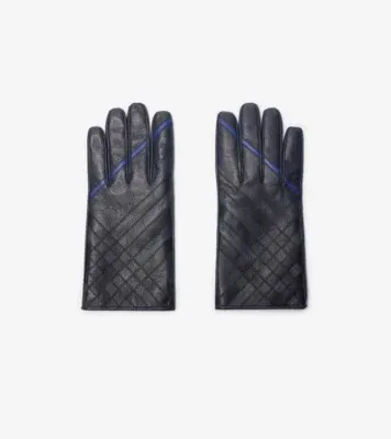 Check Intarsia Leather Gloves in Storm blue