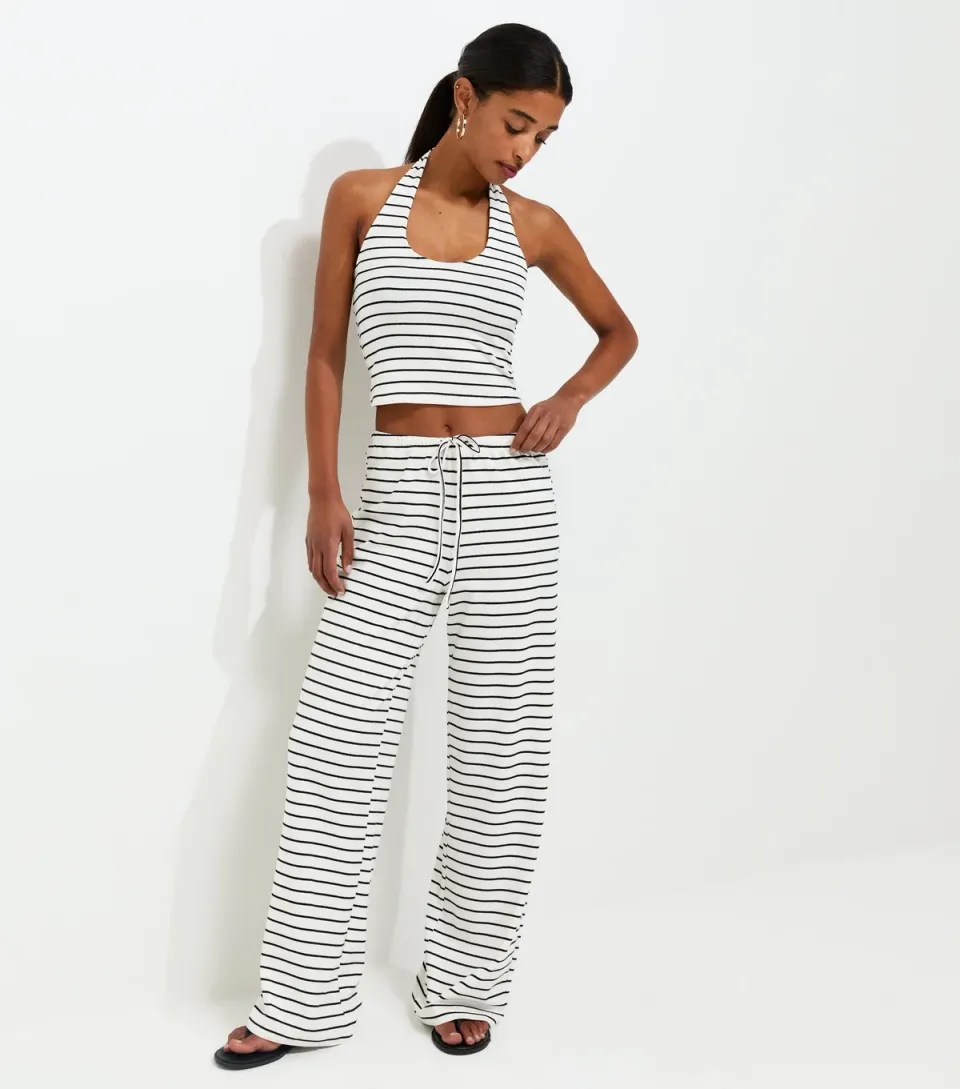 Women's White Cotton Rich Horizontal Stripe Wide Leg Jersey Trousers