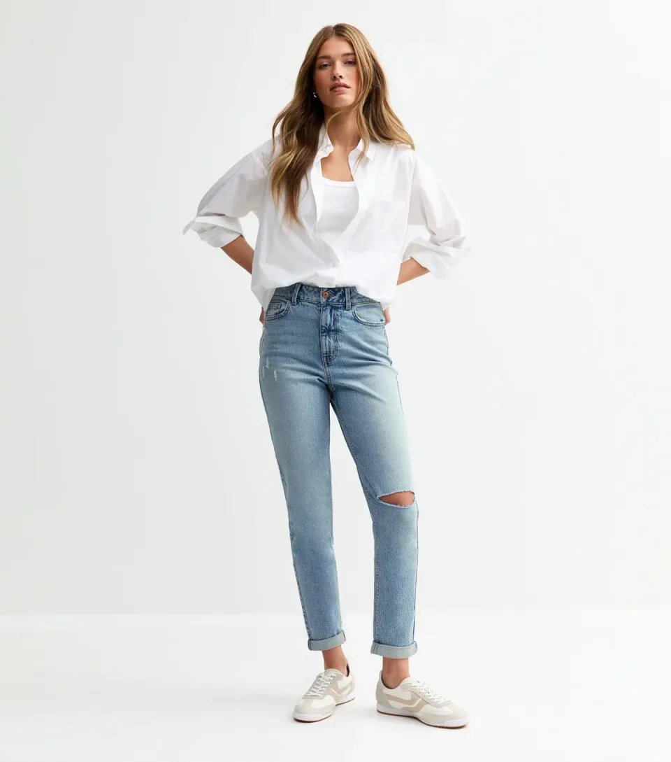 Women's Blue Tori Ripped Knee Tapered Leg Mom Jeans