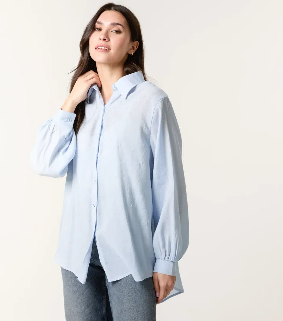 Women's Light Blue Gem Stud Embellished Shirt