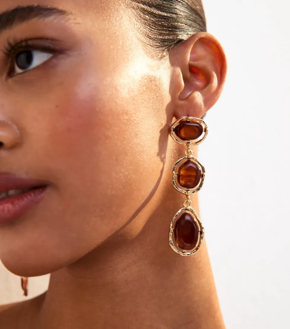 Gold Tone Brown Resin Stone Triple Drop Earrings