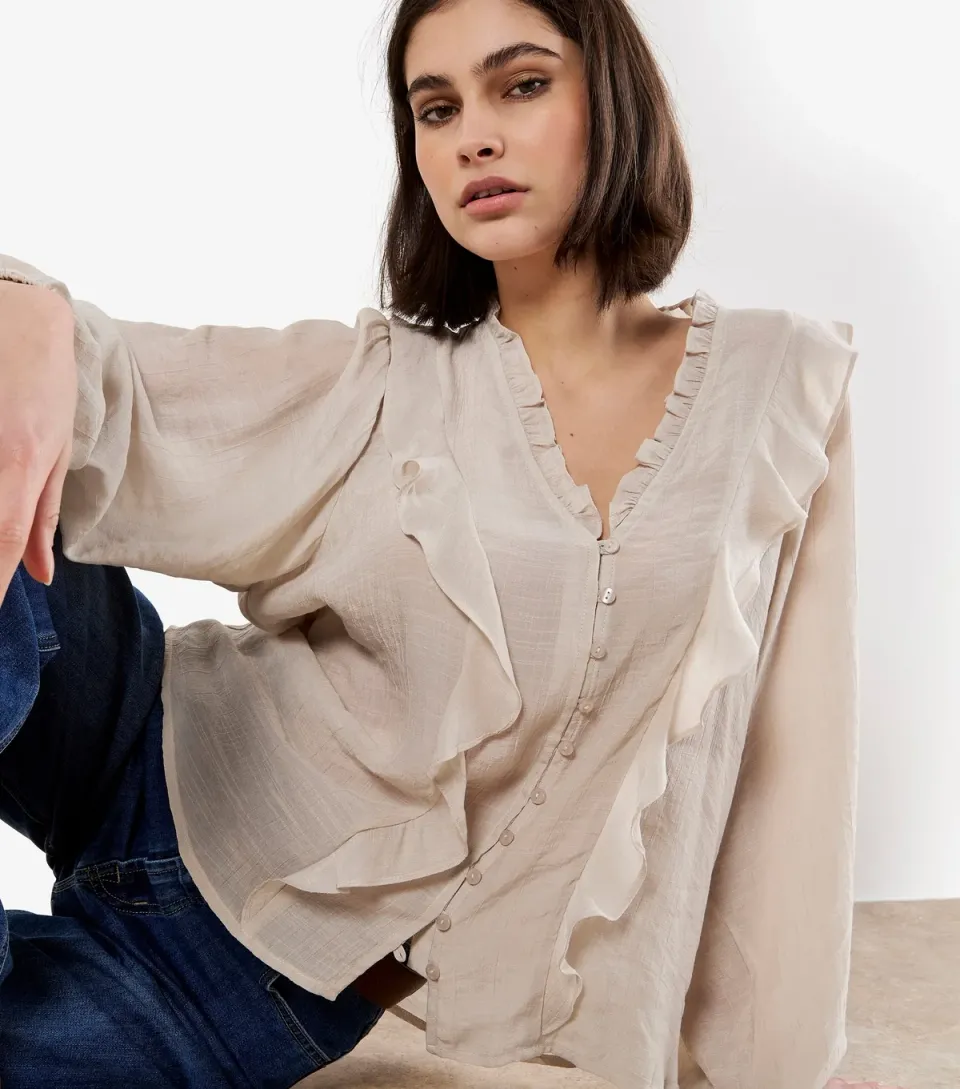 Women's Stone Ruffle Trimmed V-Neck Shirt