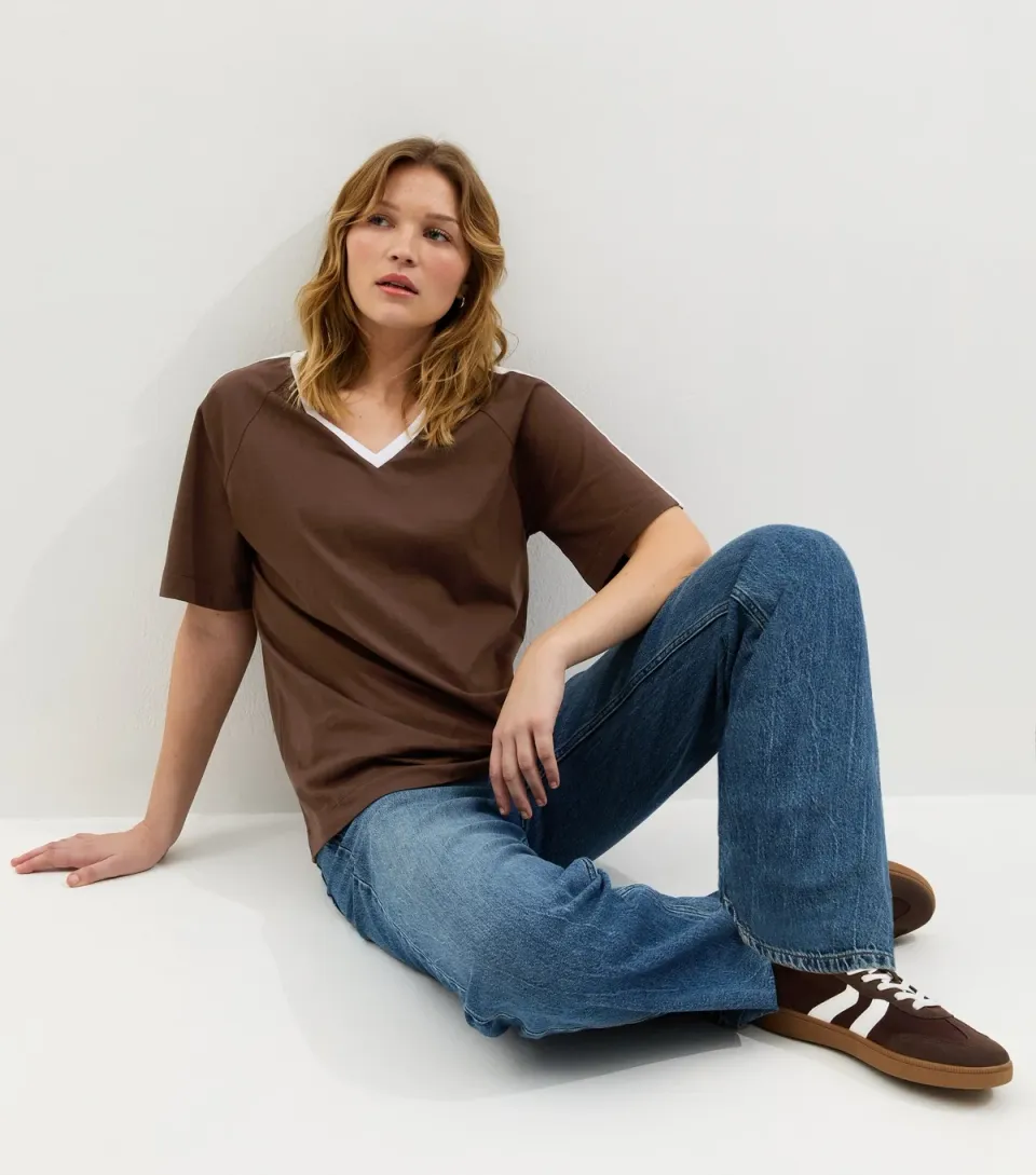 Women's Dark Brown V-Neck Football T-Shirt