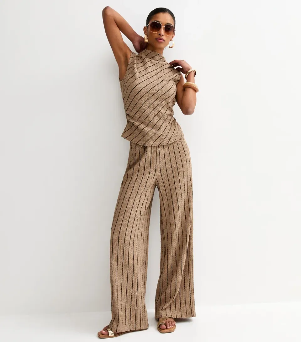 Women's Brown Crinkled Striped Wide Leg Trousers