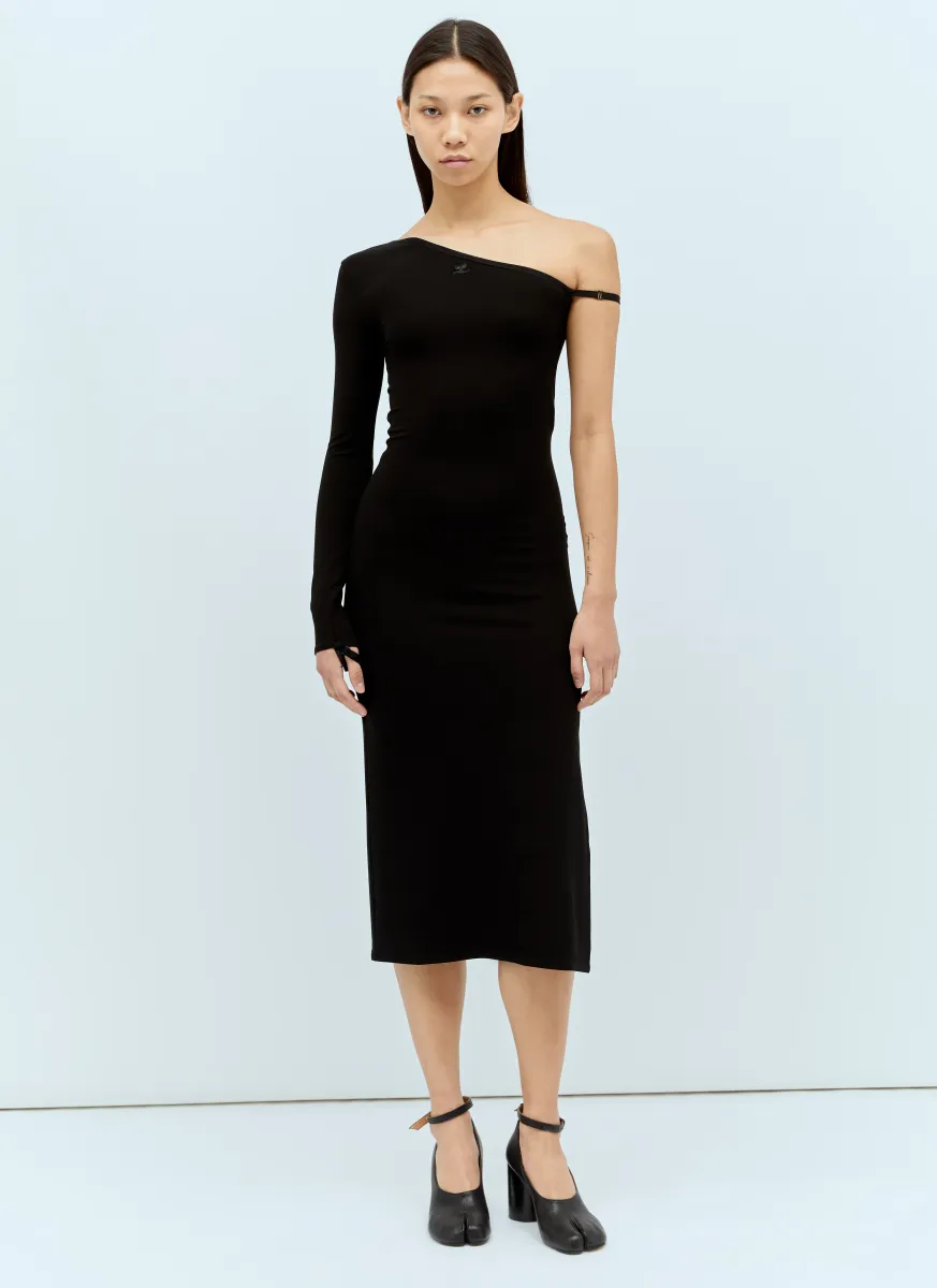 One-Sleeve Logo Emboridery Midi Dress