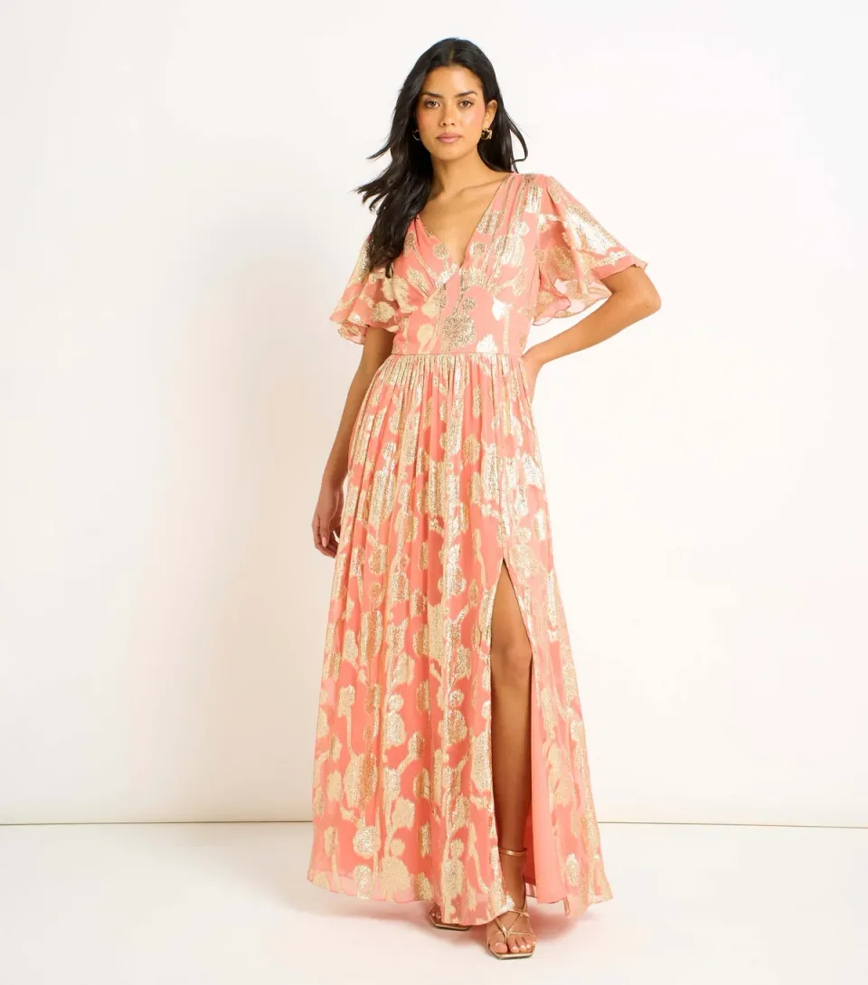 Women's Light Pink Metallic Floral Maxi Dress