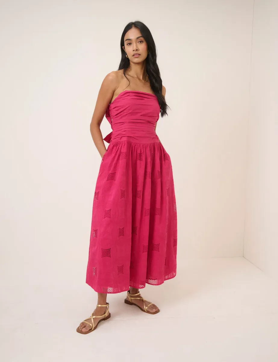 Pure Cotton Broderie Bandeau Midi Dress Pink