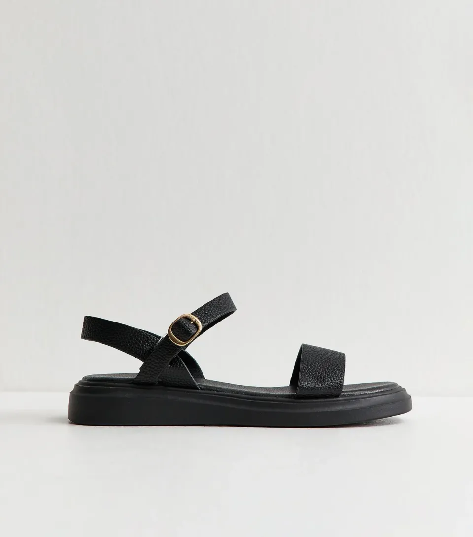 Women's Wide Fit Black Faux Leather Flat Buckled Sandals Vegan