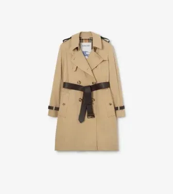 Mid-length Leather Trim Kensington Trench Coat in Honey beige