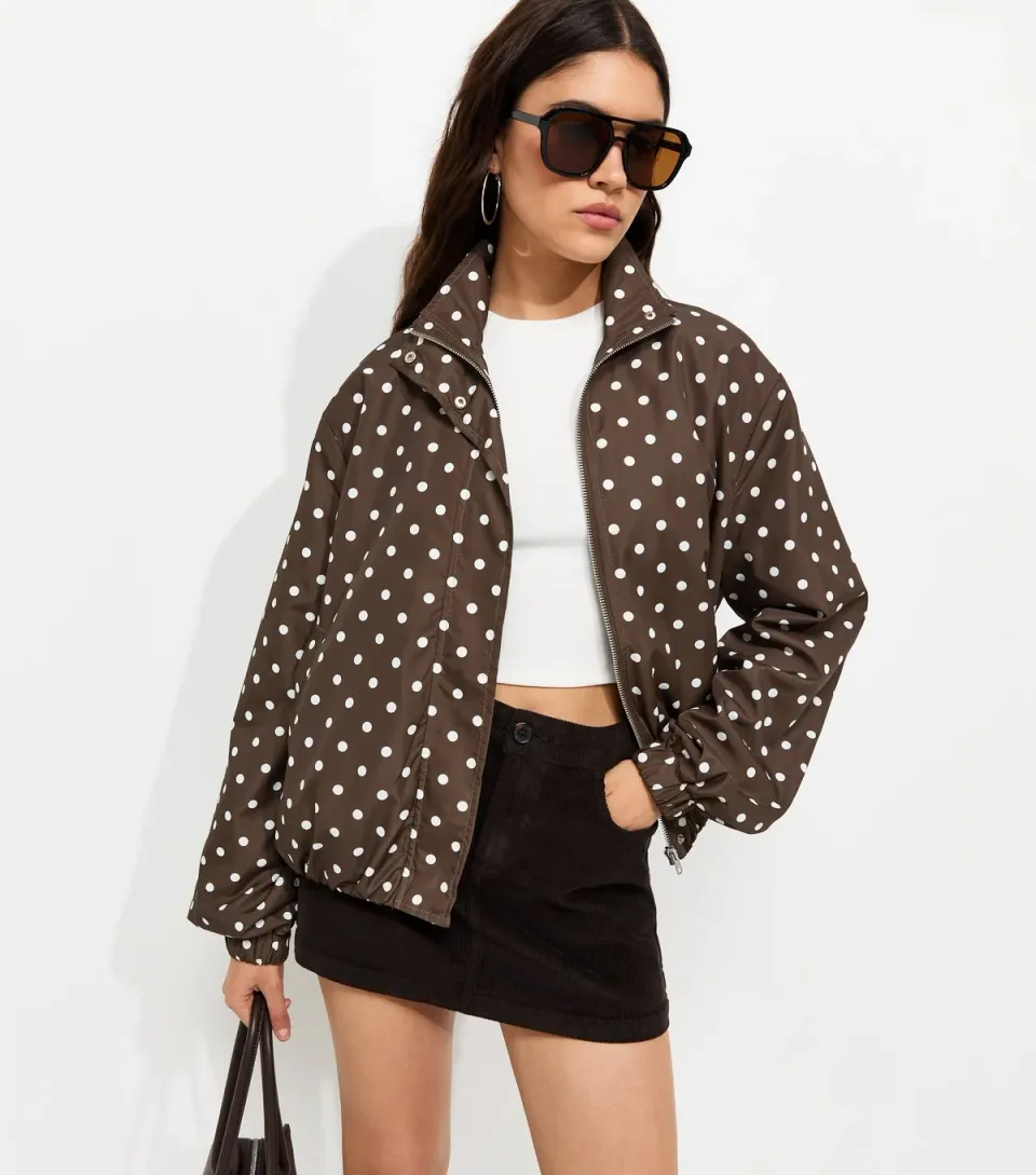 Women's Brown Polka Dot Bubble Hem Zip Windbreaker Jacket