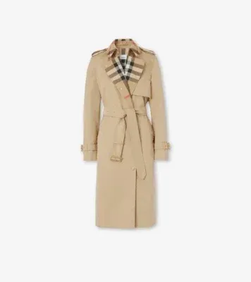 Long Check Collar Gabardine Trench Coat in Honey - Women, Cotton Gabardine