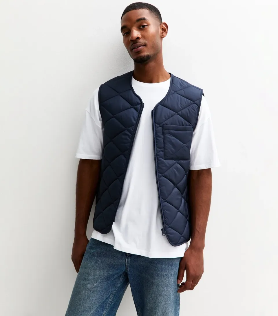 Men's Navy Regular Fit Quilted Patch Pocket Gilet