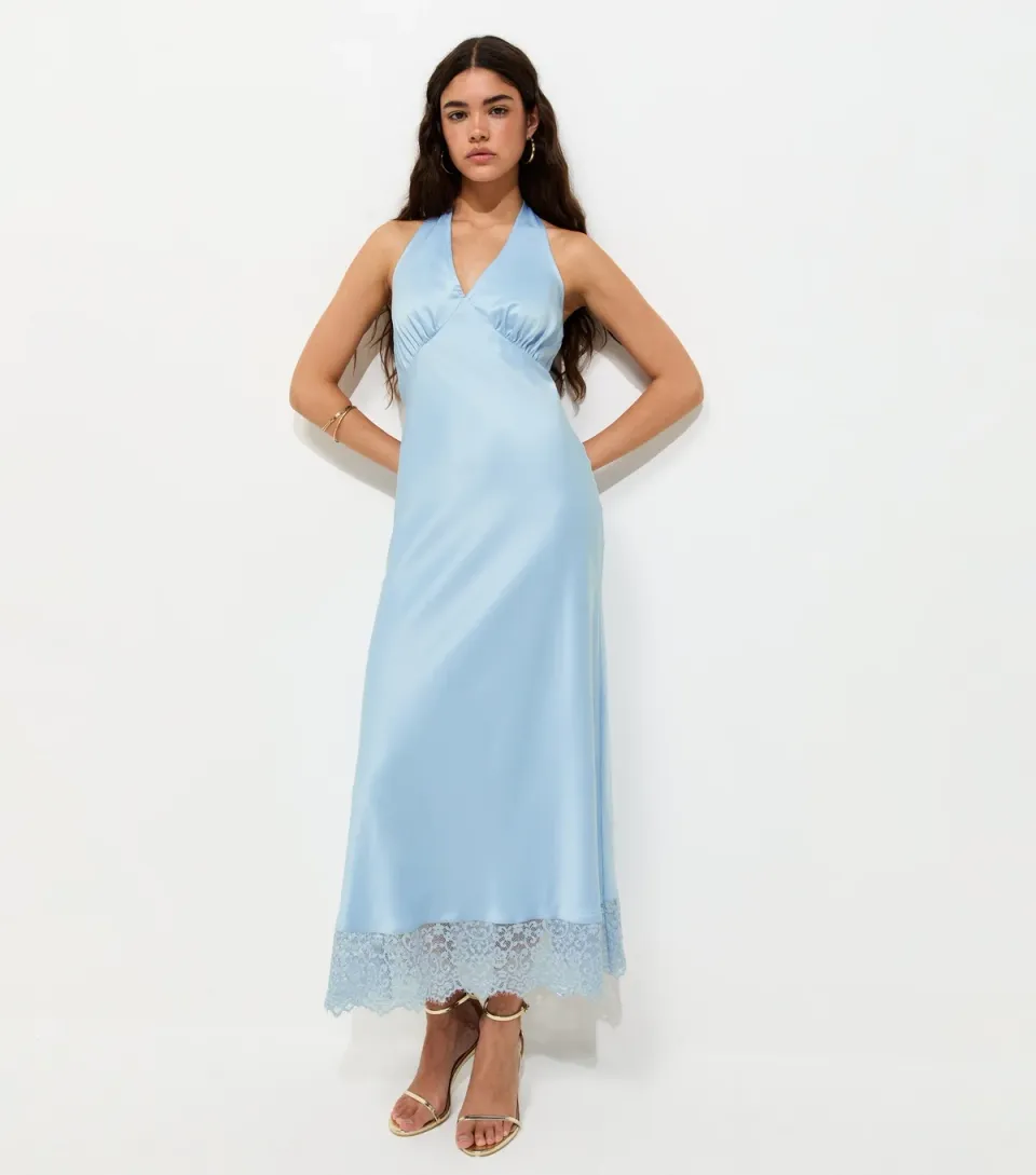 Women's Light Blue Satin Lace Trim Halteneck Midi Dress