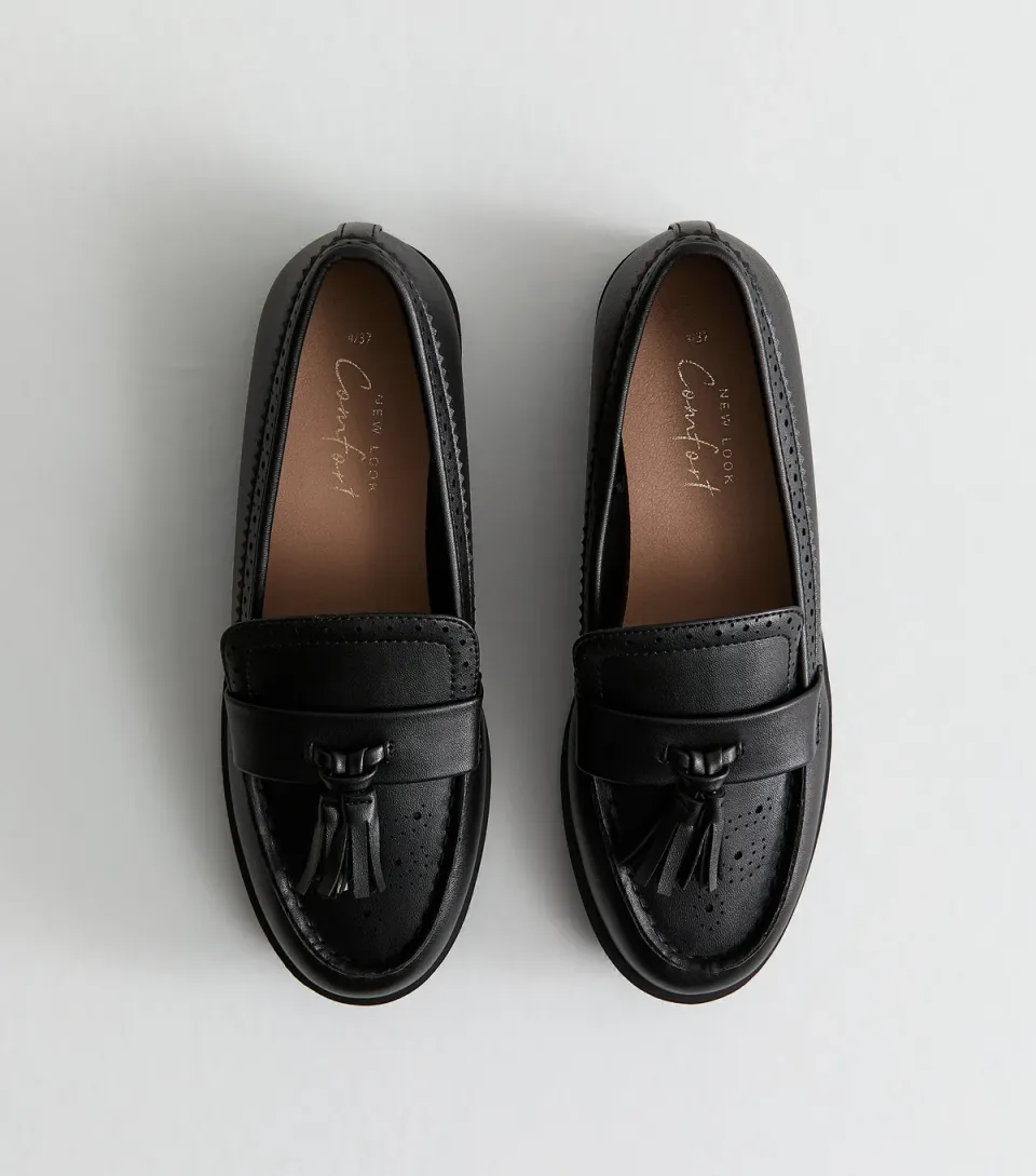 Women's Black Faux Leather Tasselled Brogue Loafers Vegan