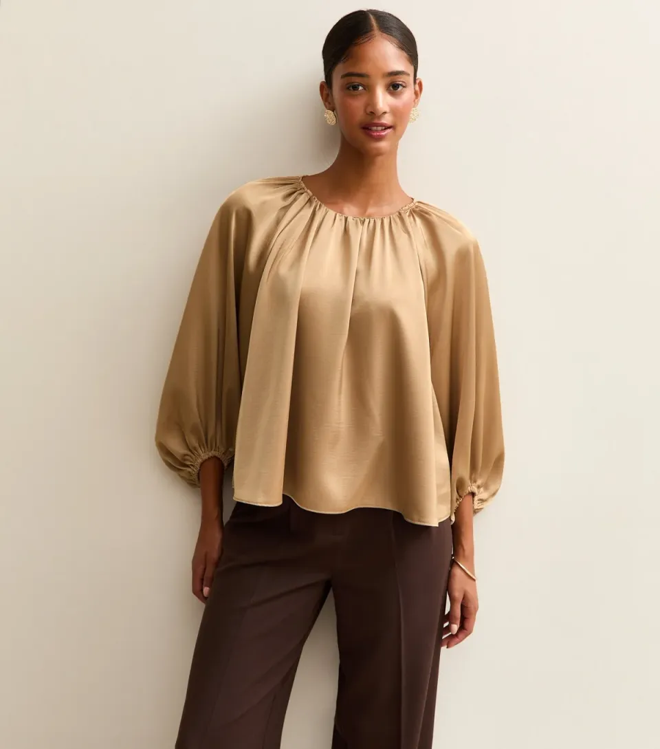 Women's Gold Satin Gathered Crop Sleeve Blouse