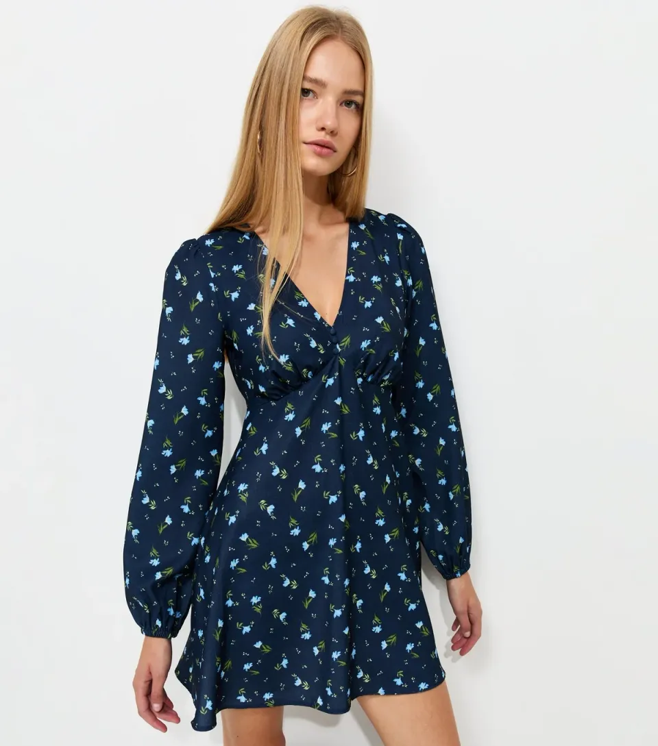 Women's Blue Ditsy Print Long Sleeve Mini Dress