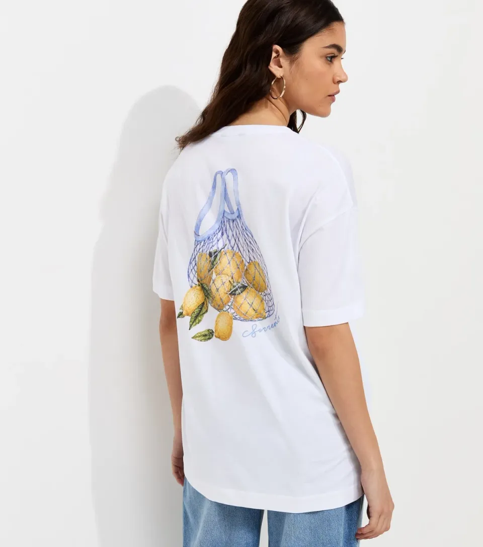 Women's White Cotton Lemon Bag Print Oversized T-Shirt
