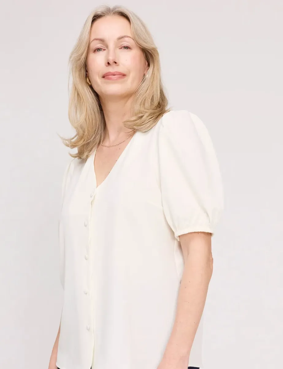 V-Neck Short Sleeve Button-Through Top Ivory