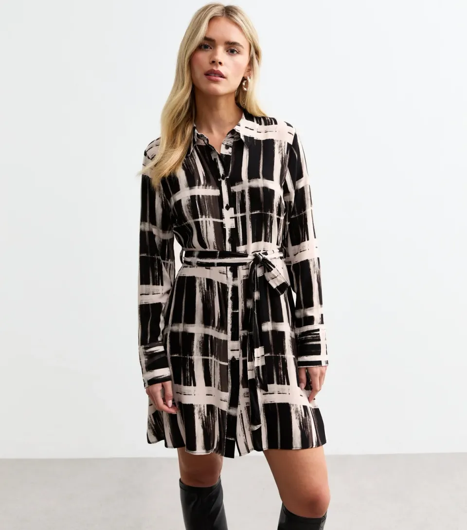Women's Petite Black Checked Mini Dress