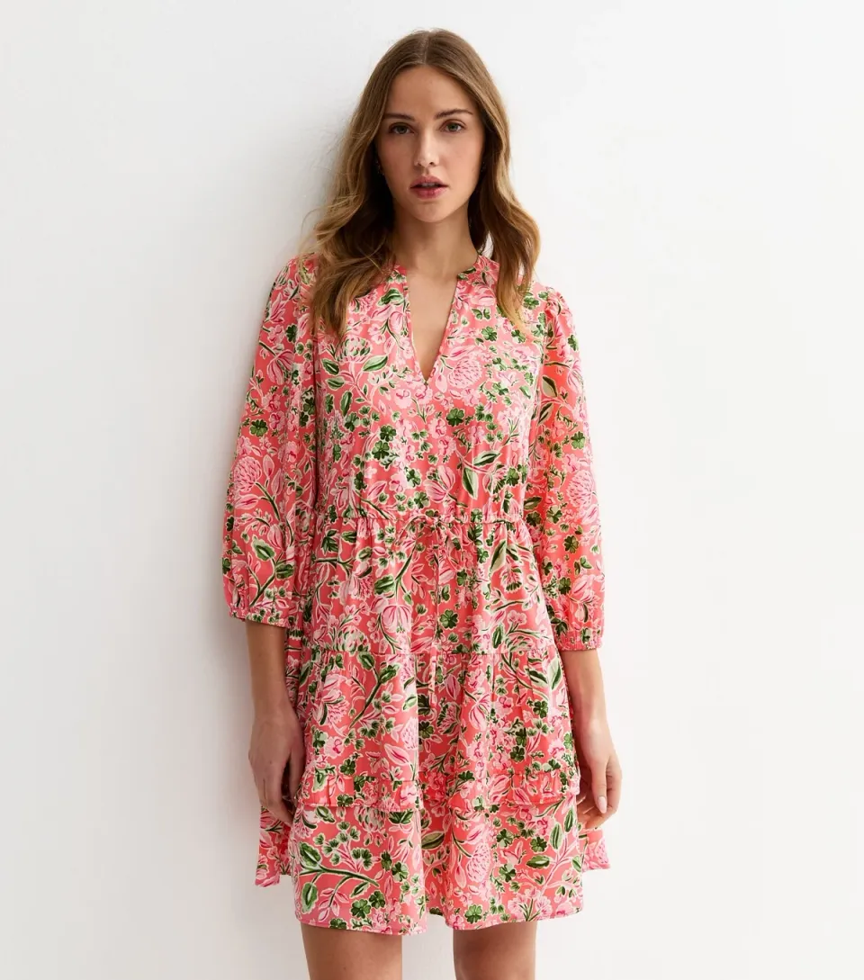 Women's Pink Floral Tiered Mini Dress