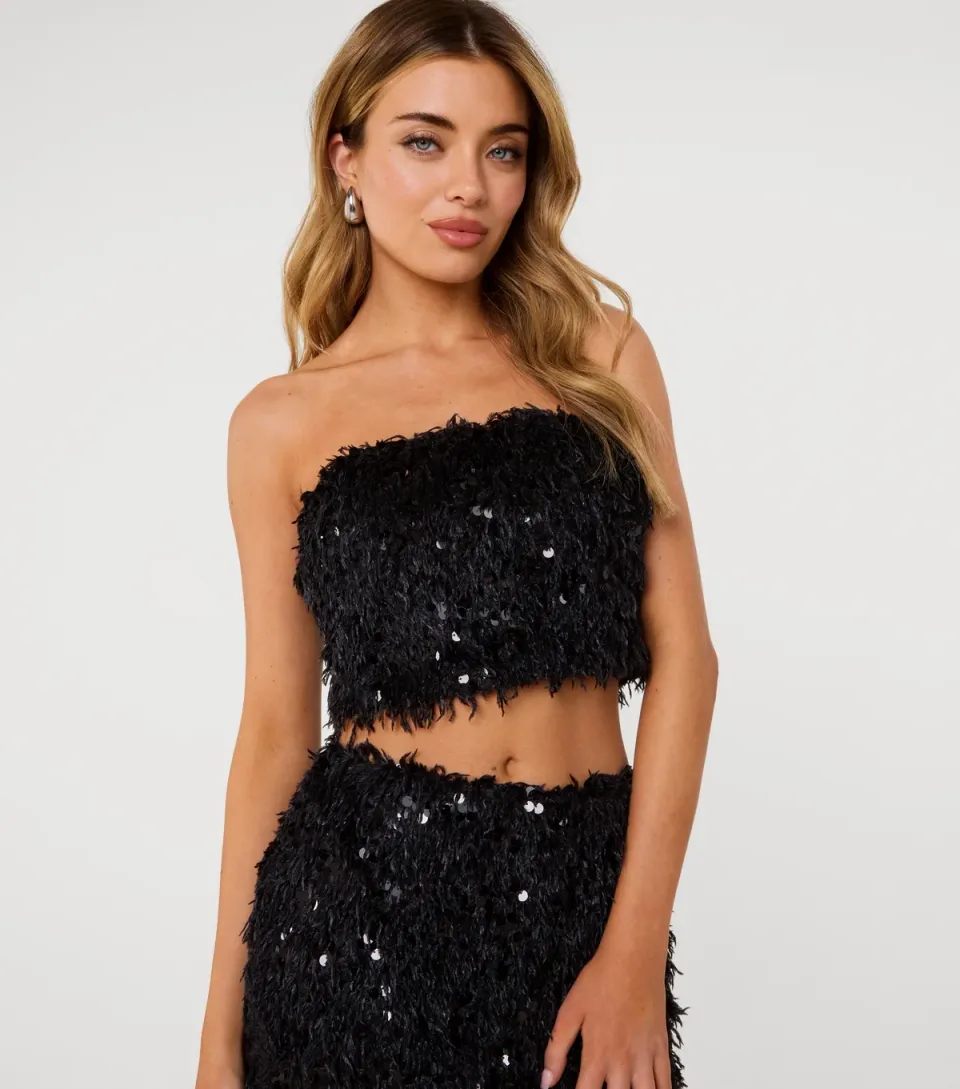 Women's Black Feather Sequin Bandeau Top