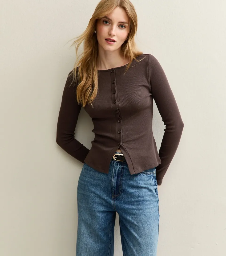 Women's White Ribbed Button Through Long Sleeve Top