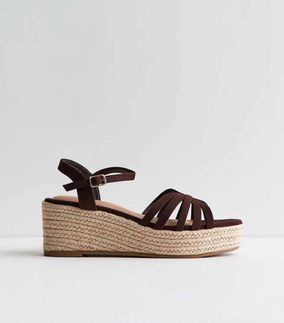 Women's Wide Fit Brown Faux Suede Cage Strap Wedge Sandals Vegan
