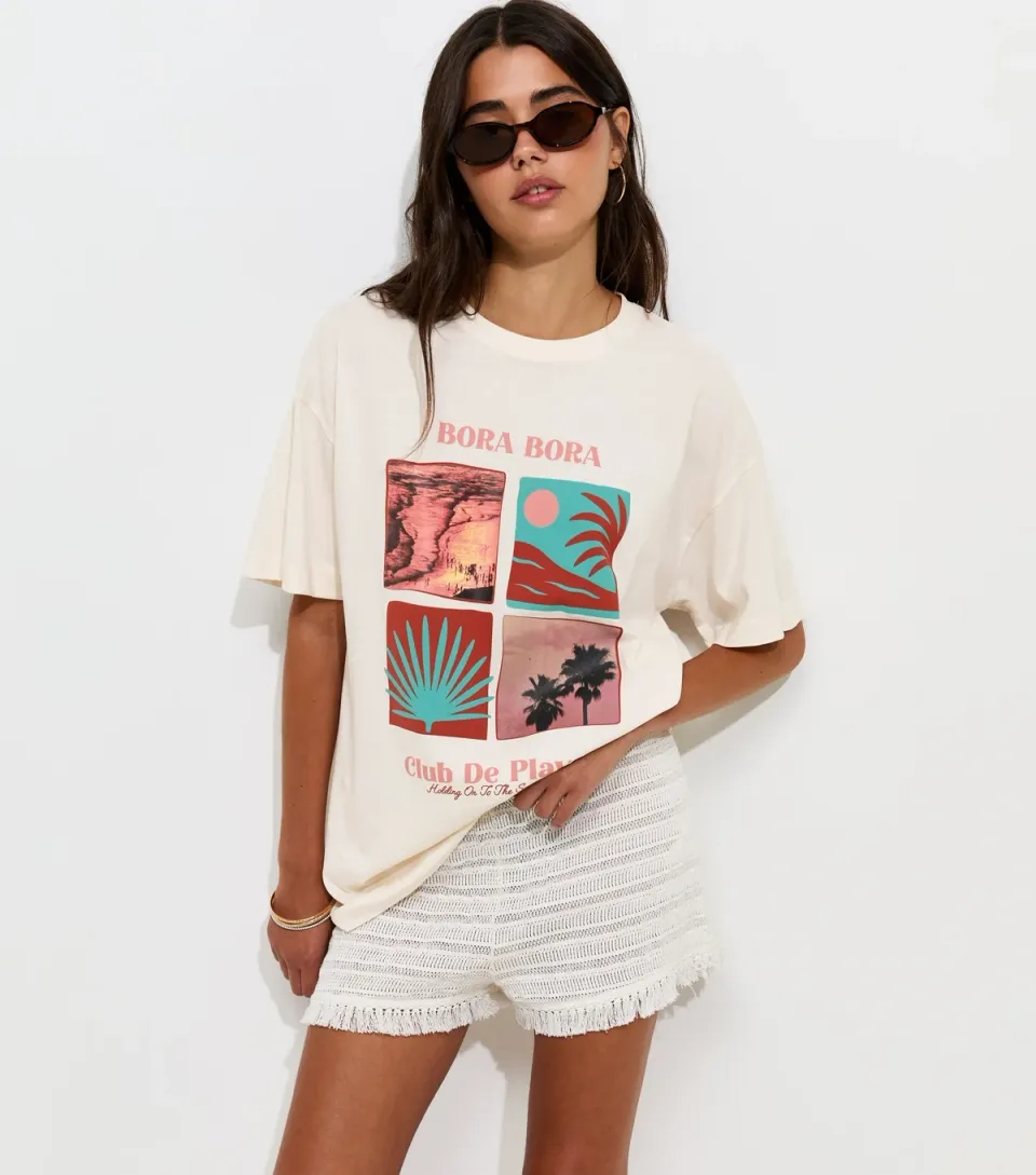 Women's Off White Cotton Bora Bora Abstract Box Print Oversized T-Shirt