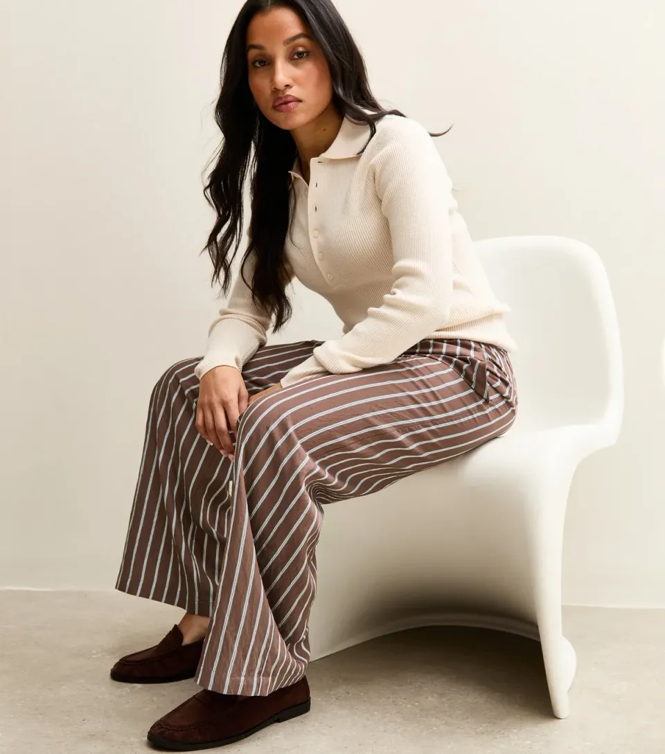Women's Petite Brown Striped Drawstring Wide Leg Trousers