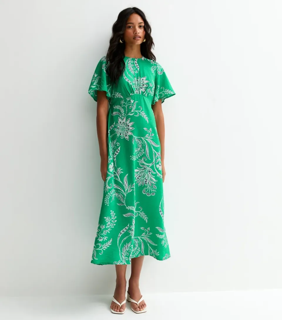 Women's Green Floral Baroque Flutter Sleeve Midi Dress