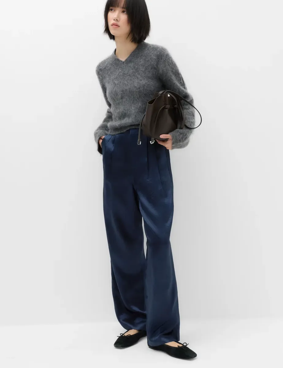 Satin Pleated Straight Leg Trousers Midnight Navy